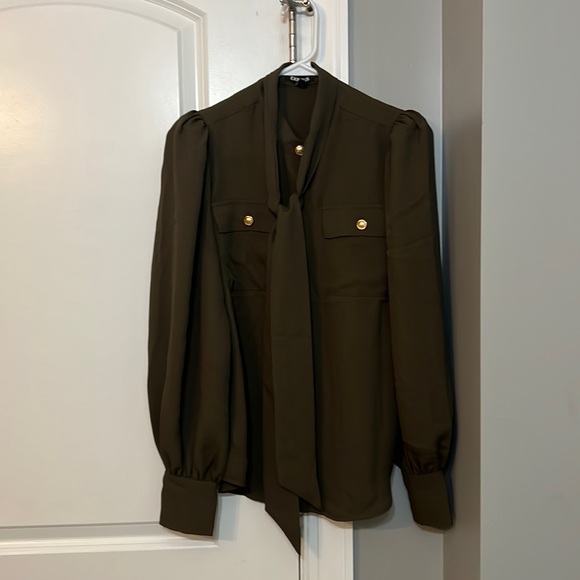 Express Military Green Button-up Blouse with Tie size Small - Picture 1 of 5